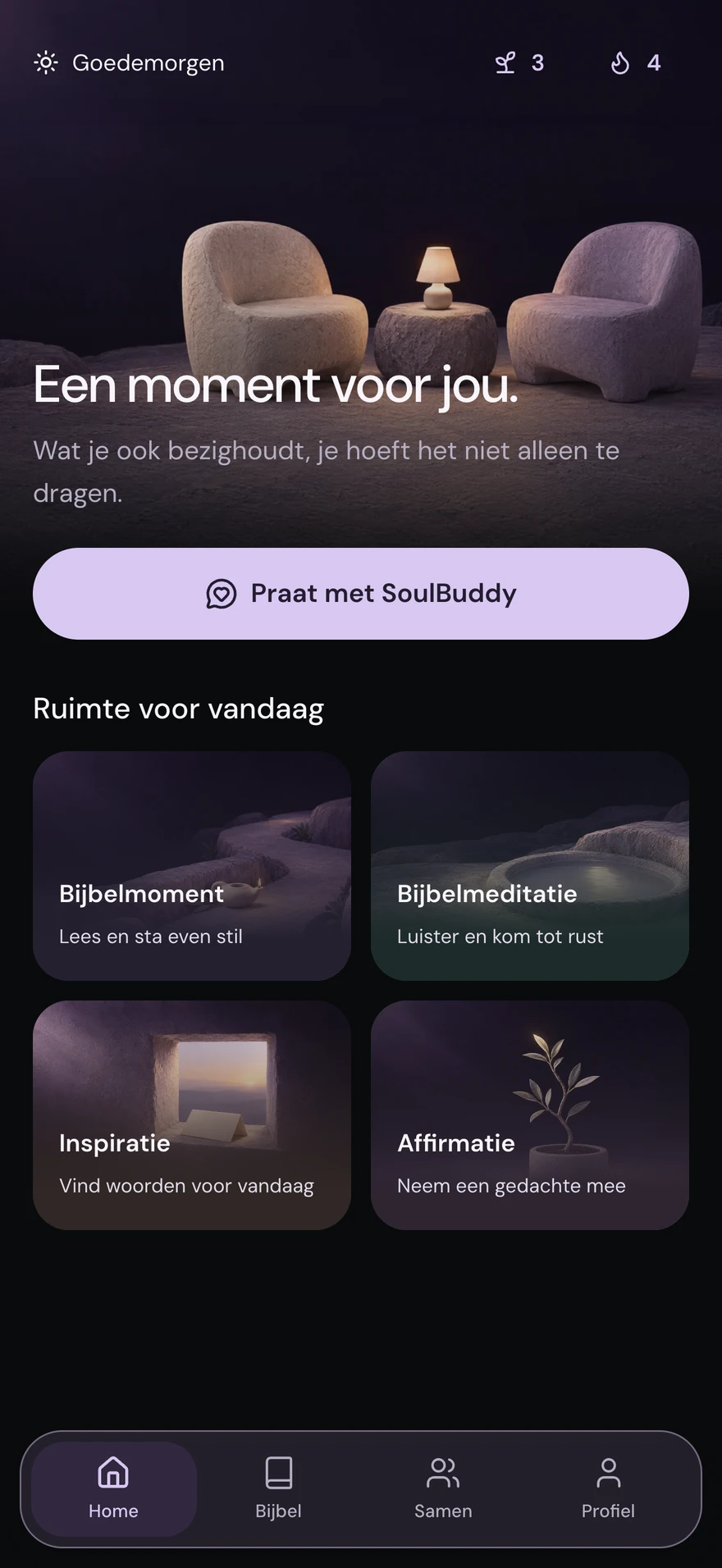 SoulBuddy — Home, donkere modus met fictieve voorbeeldinhoud